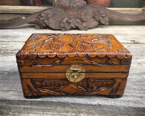 antique small wooden box with metal interior|vintage hand carved wooden boxes.